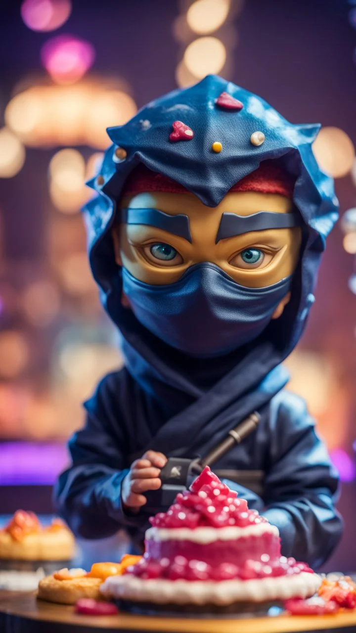 portrait of cute ninja with jelly mask , baker of the highest many storied advanced art ninja star cake sculpture during a casino game show, bokeh like f/0.8, tilt-shift lens 8k, high detail, smooth render, down-light, unreal engine, prize winning