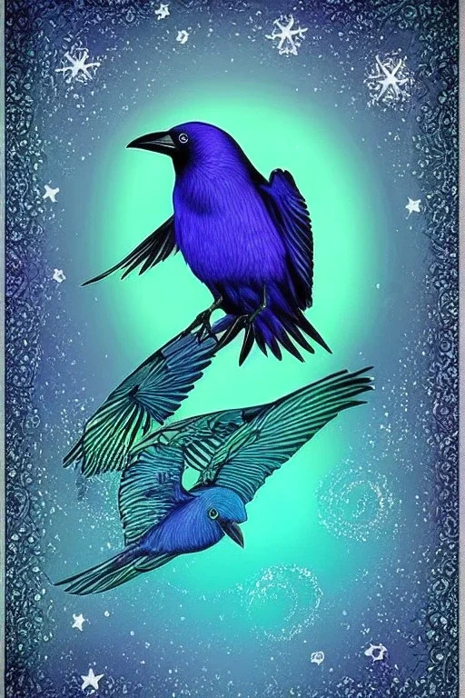 Aquarius zodiac sign, crows, blue, green, grey, hyper realistic