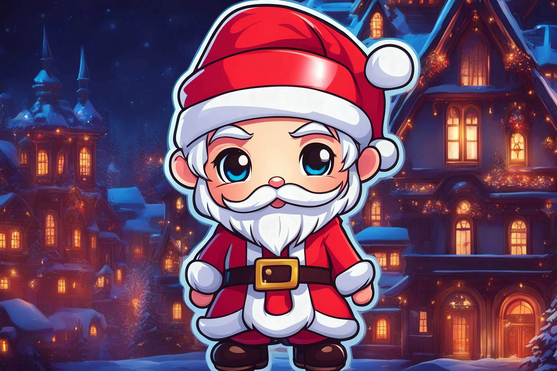 Chibi santa-claus in 8k sticker, style of fairy academia, close picture, neon lights, intricate details, highly detailed, high details, detailed portrait, masterpiece,ultra detailed, ultra quality