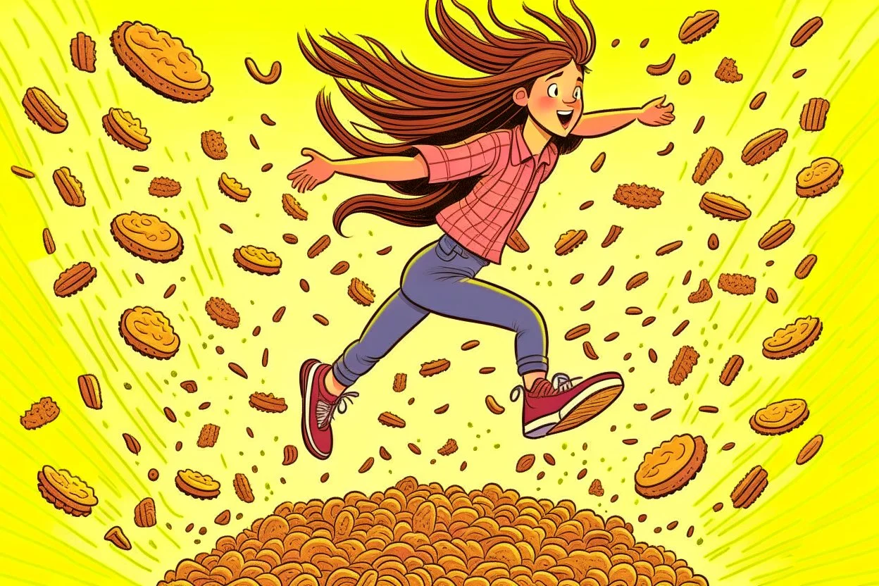 egy hosszú, barna hajú lány dinamikusan lovagol át az égbolton, egy süteményekből rakott kupacot ugrat át. fénylő hold, csillagfényben