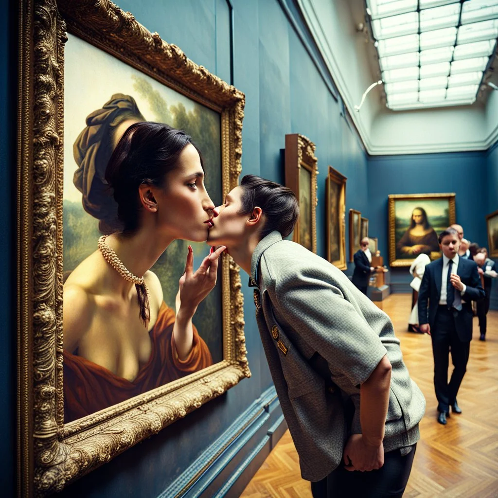 Mona Lisa comes out of the picture and kisses a young navy officer who is standing in the museum looking at her picture