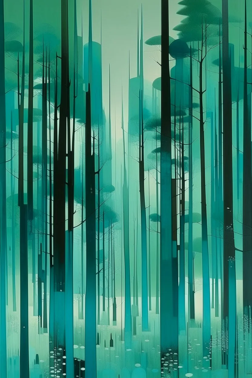 A cyan forest with noisy beetles painted by Lyonel Charles Feininger