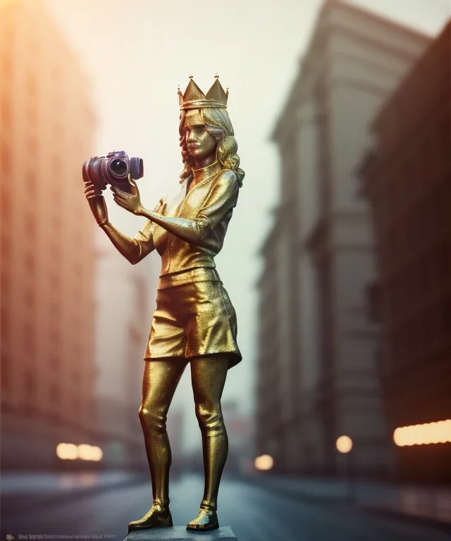 Statue of Queen of photography holding camera in hands. Cute blonde woman. Photographer in golden crown. Standing on the street. Big camera in her hand. hyperdetailed, photorealistic, trending on artstation, greg rutkowski, beksinski, kodachrome, volumetric lighting, gold and cyan