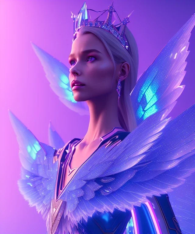 A crystalised queen, atmospheric, realistic, unreal engine, cinematic lighting, octane render. blue, pink, transparency, light, shine,bright, full body, transparent wings, blonde, long hair, nice smile