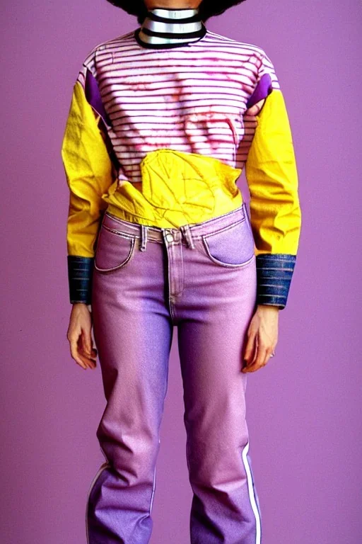 Photograph of a woman. Huge prints on denim,terracotta, cream and purple, lilac. Cream colored latex parts. Low waist jeans!!!Baggy, 1996!imperial yellow, red plum mixed stripes, only on top half of t-shirt. Plant print.European daft punk woman. Mantle is sewed of recycled Denim and sewed together of recycled polymer felt. lace, Yellow(Munsell) areas. hint of orange as effect color!!Big bright purple/khaki felt tippet and cream or blue or lilac colored-hood. mantle is merged with cobalt boler