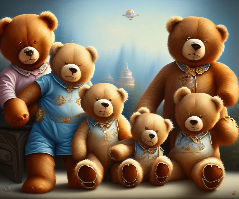 boy and big teddy bears. oil on canvas