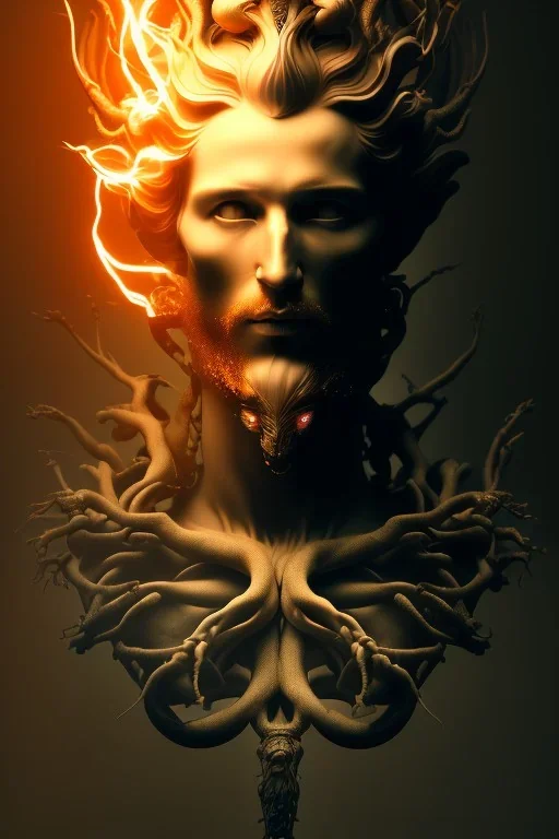 portrait photography of an ethereal beautiful animal god, Fire theme art, Dark moody night atmosphere, Portrait of a man by Michelangelo, 8K, close-up face, anatomically perfect face, oak tree roots, ignore NSFW