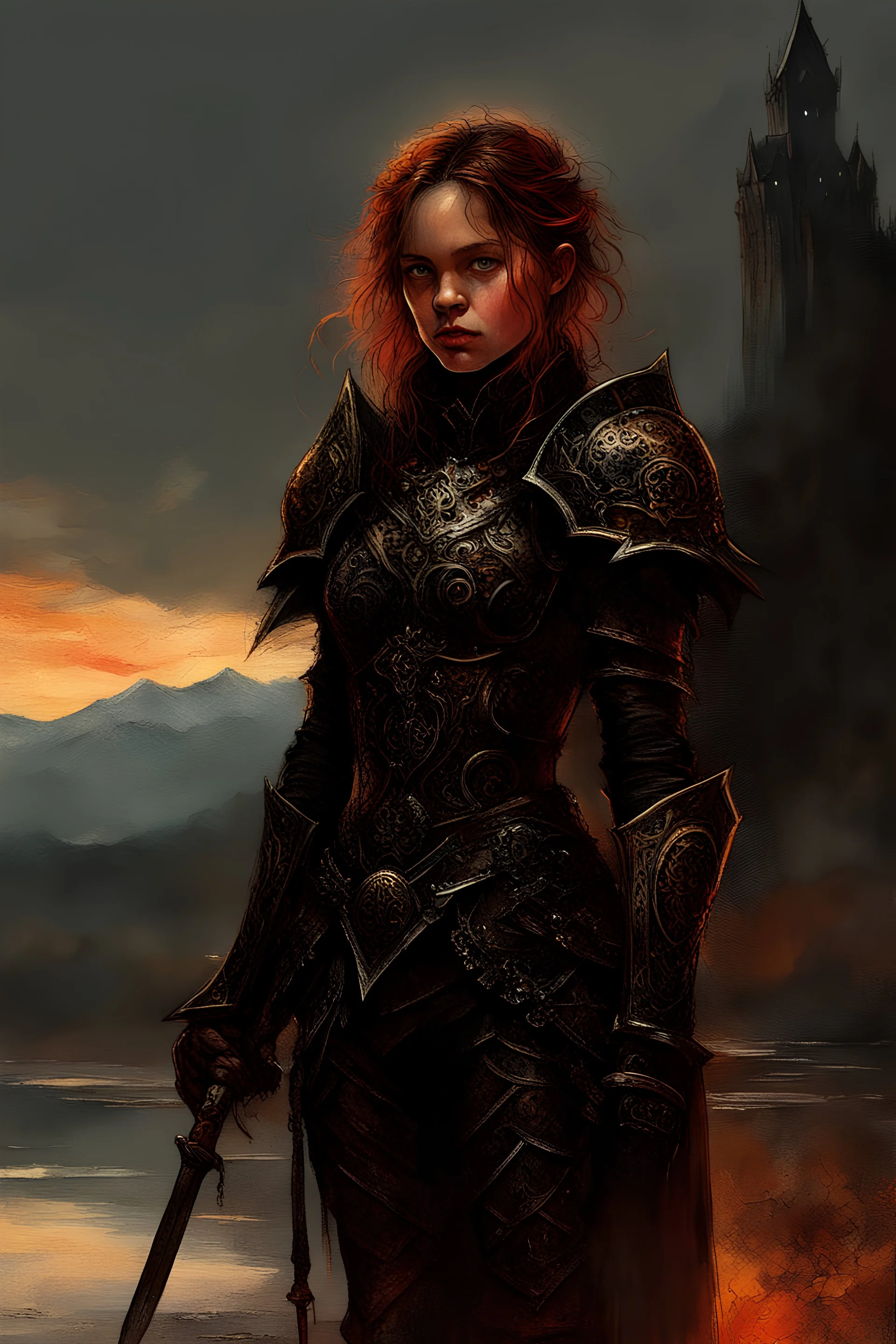 A formidable warrior girl in black armor, on the background Amazing gloomy landscape, flooded with sunset, mountains, trees, fabulous scary hero, , juicy emotions, painting, dark fantasy, gloomy day, dark world, portrait, Gothic Town At Night, Fantasy, Intricate Details, Castle Courtyard Gardens, Hyper Detailed, Jean Baptiste Monge, Carne Griffiths, Michael Garmash, Seb Mckinnon, Masterpiece