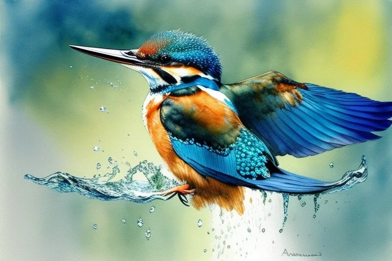 A beautiful kingfisher diving into water. Highly detailed, smooth colours, realistic landscape. Aquarell