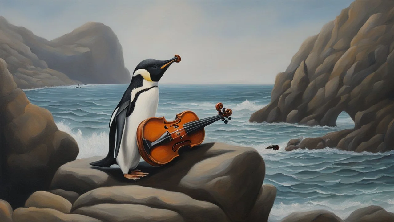 A realistic oil painting depicting a violin being played along a rocky penguin-filled coast, capturing the serenity and beauty of the scene