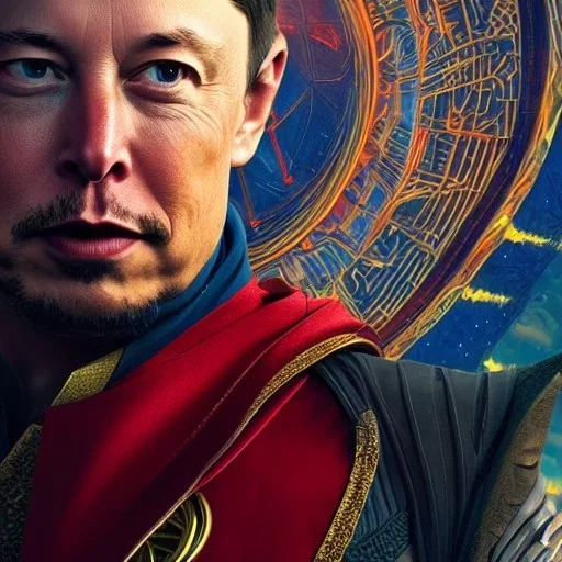 Fantasy, Elon musk as doctor strange, heartbroken, heroic, epic, insanely detailed, sunlit, realistic, multiverse,acrylic paint, 8k resolution, hdr