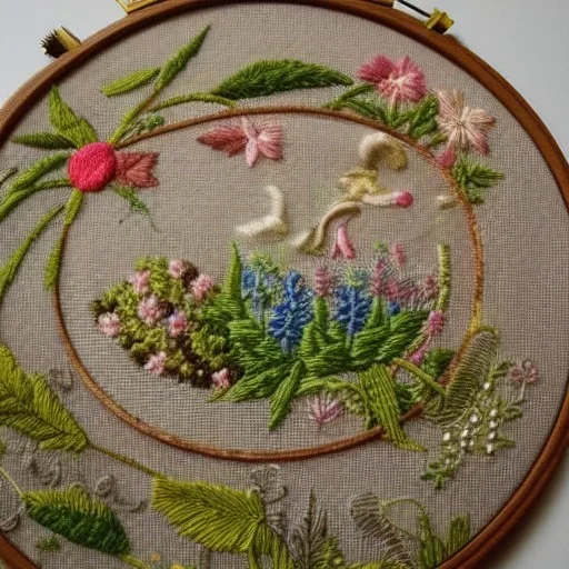 exquisite whimsical garden in embroidery hoop, intricate, highly detailed, linen and wood backdrop