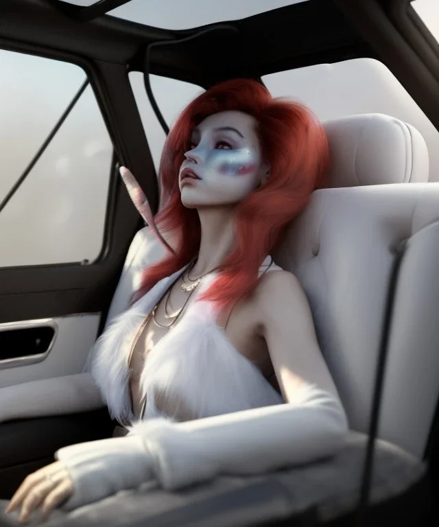 Ultra realistic back seat of limousine image, wide angle view, Alice woman and white rabbit, many color balls, circus clothing, long hair, smoke, feather long coat, soft color, highly detailed, unreal engine 5, ray tracing, RTX, lumen lighting, ultra detail, volumetric lighting, 3d, finely drawn, high definition, high resolution.