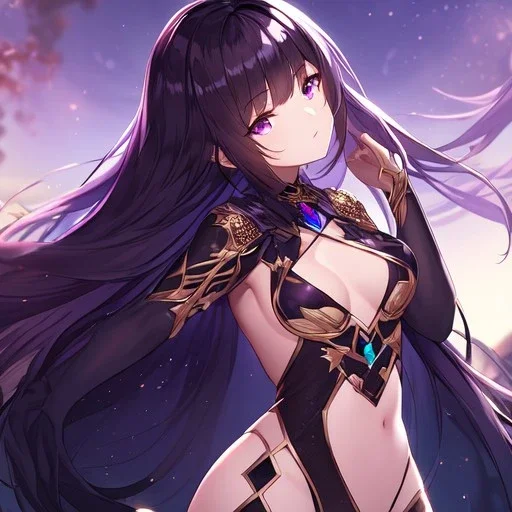 High quality, Detailed, Black long hair, Purple eyes, Detailed but revealing clothes