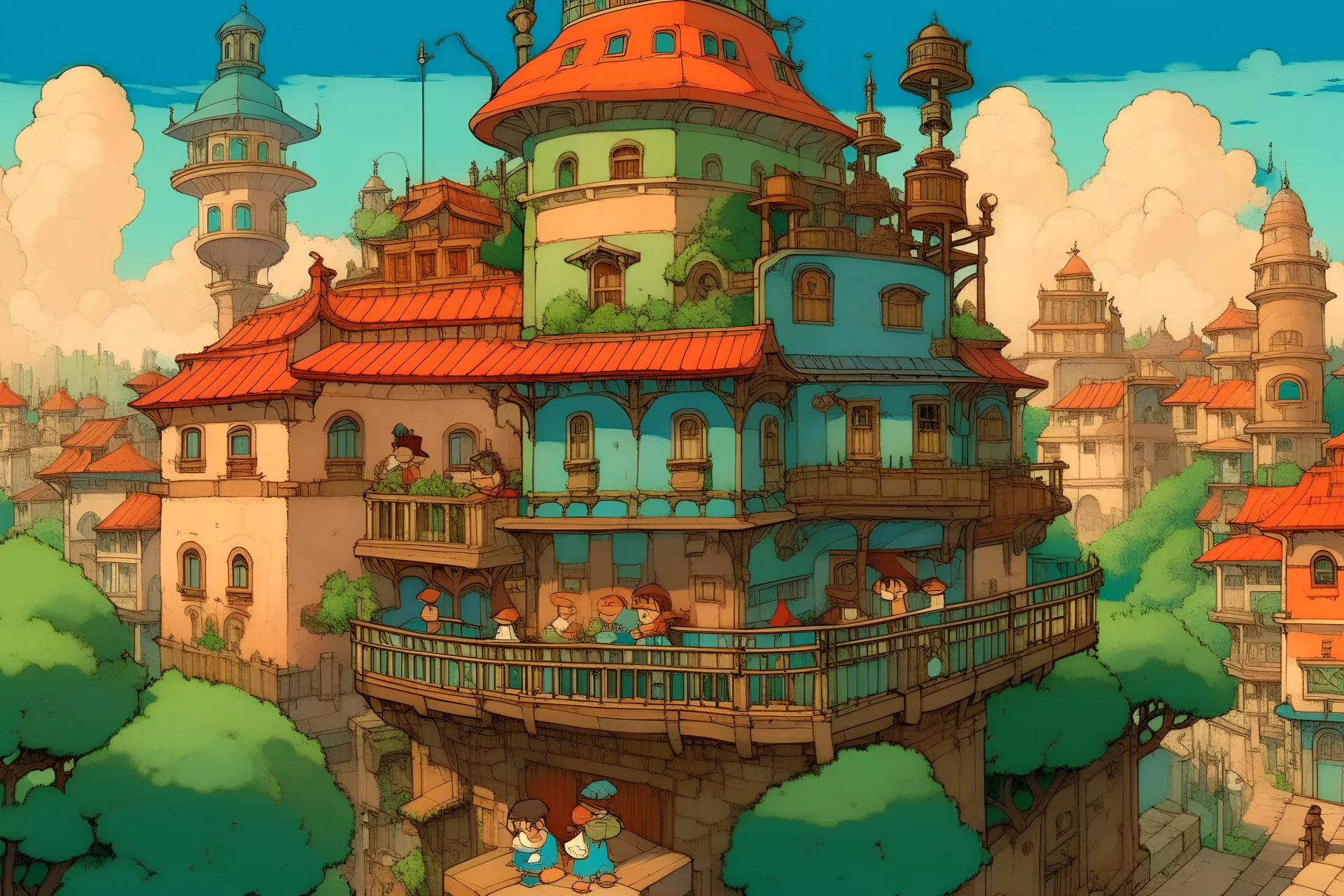 belle epoque city masterpiece painting in studio ghibli style in hayao myazaki style