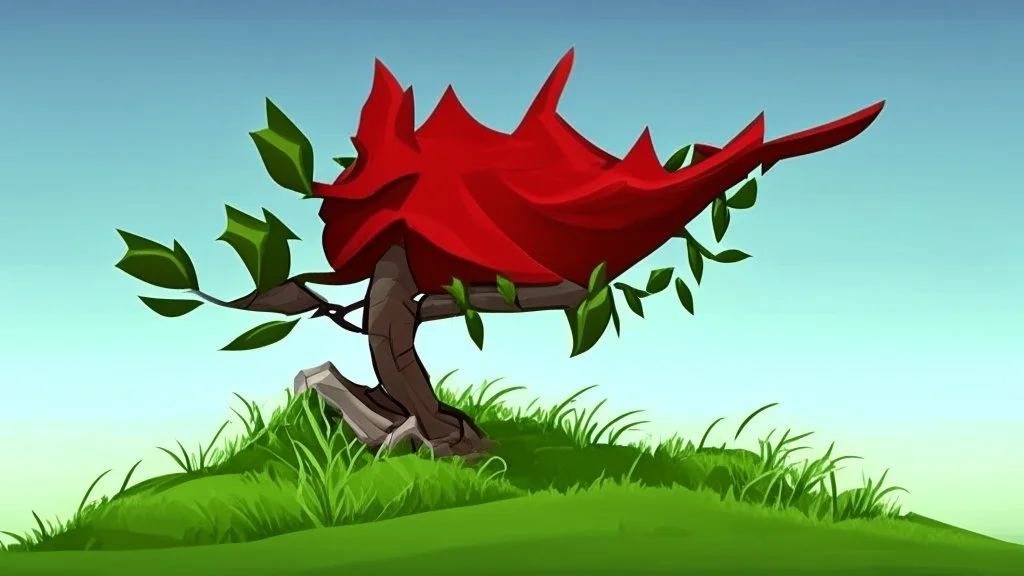 fantasy cartoon illustration: a shrub on a hill, there is a red ribbon on the shrub