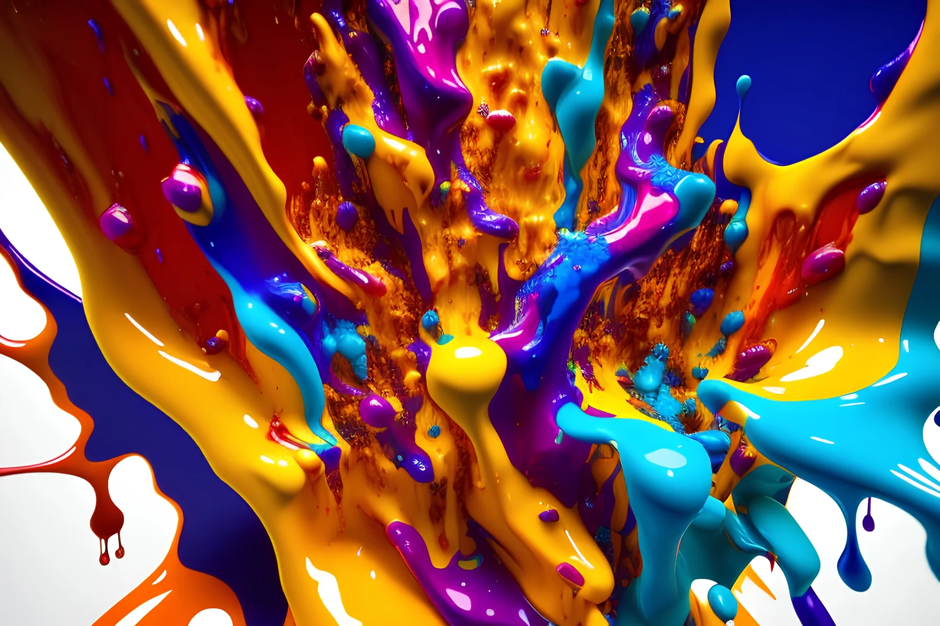 addictive 3d rendering, closeup portrait of extreme abstract art, fade into highly detailed liquid multicolor splatpaint, dripping paint substance everywhere, mixed with splashes of honey and maple syrup, ultra large particle count, muted colors, perspective horizon view, voronoi calculations, random distance between particles, volumetric lighting, ambient occlusion, twister, randomized waves, ripples, bubbles, random 3d depth effects, reflective floor, clarity, reflections