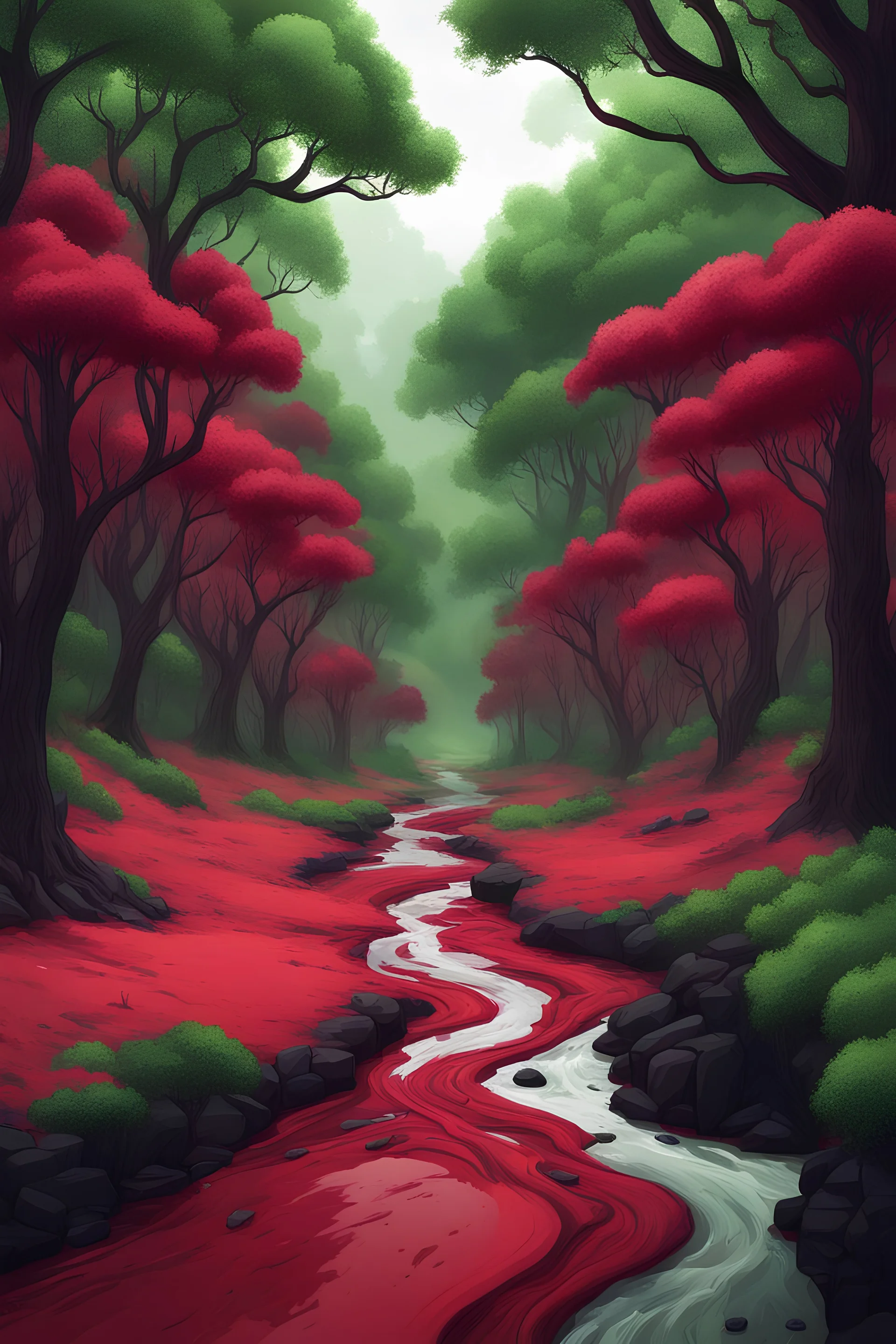 River of blood with soothing green trees like a video game