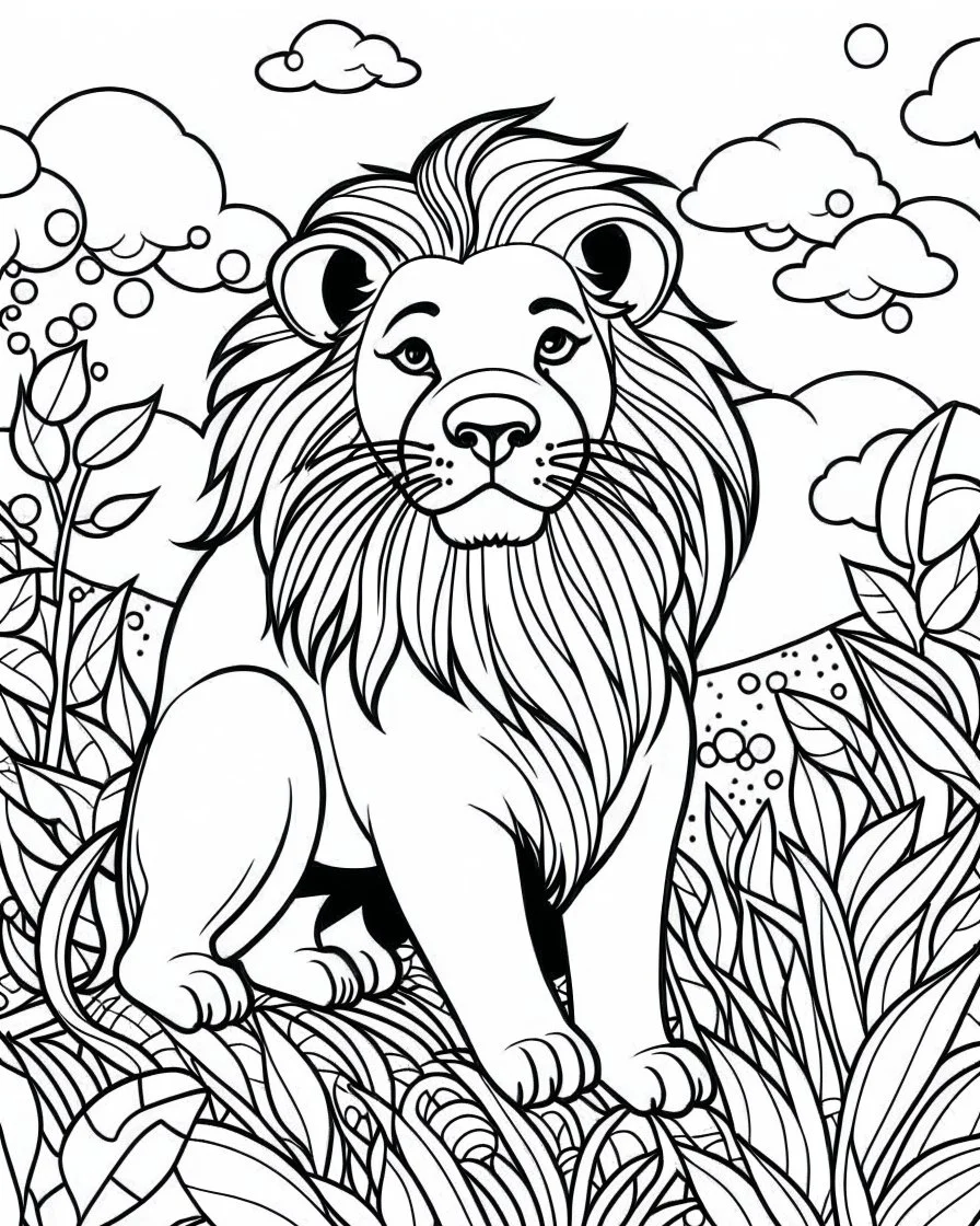 create a 2d black outline, "safari lion coloring book for kids ", coloring page, low details design, black contour, coloring page design, simple background, colorful , card style, coloring page for kids, white background, sketch style, cartioon style, safari landscape