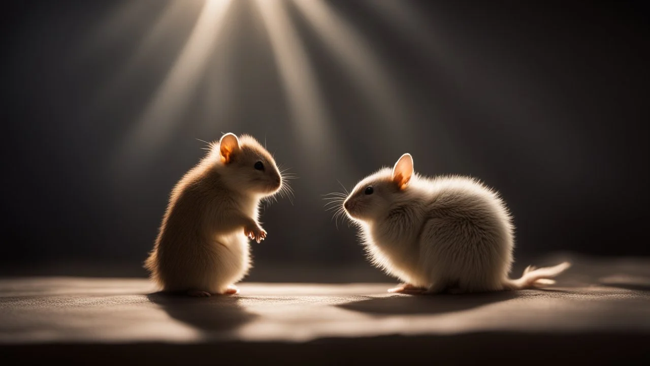 romantic photograph of two small animals in a loving relationship, halo lighting, chiaroscuro, beautiful photo