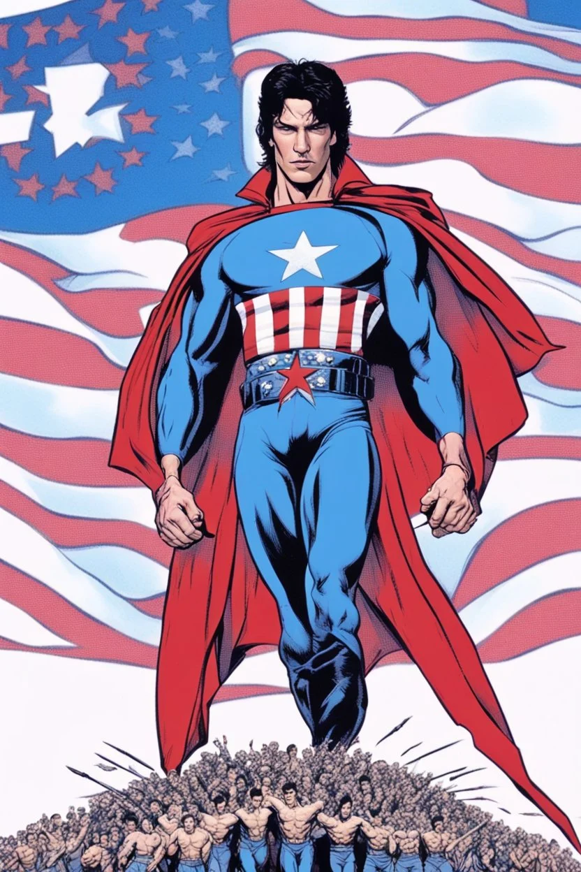 20-year-old, extremely muscular, short, curly, buzz-cut, military-style haircut, pitch black hair, Paul Stanley/Elvis Presley/Keanu Reeves/Pierce Brosnan/Jon Bernthal/Sean Bean/Dolph Lundgren/Patrick Swayze/ hybrid, as the extremely muscular Superhero "SUPERSONIC" in an original patriotic red, white and blue, "Supersonic" suit with an America Flag Cape,