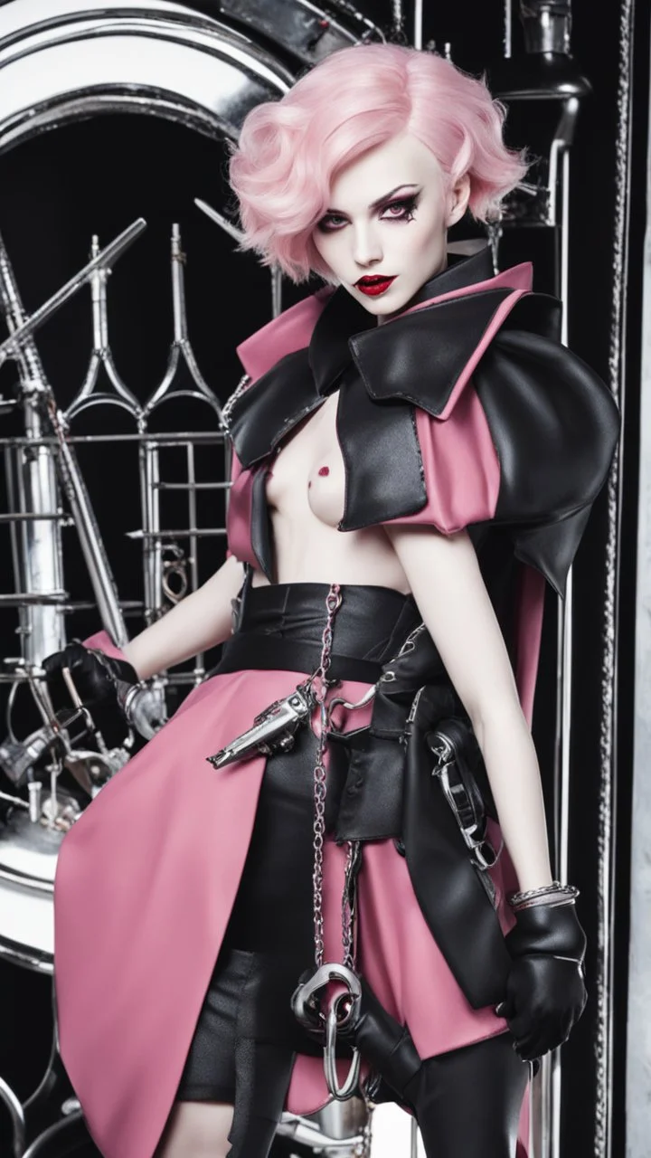 A close picture to blind vampire with white and pink short hair, slave, Tusks, malicious smile, Handcuffs, Weapon handcuffs in Stop-motion animation model with dynamic art style witg