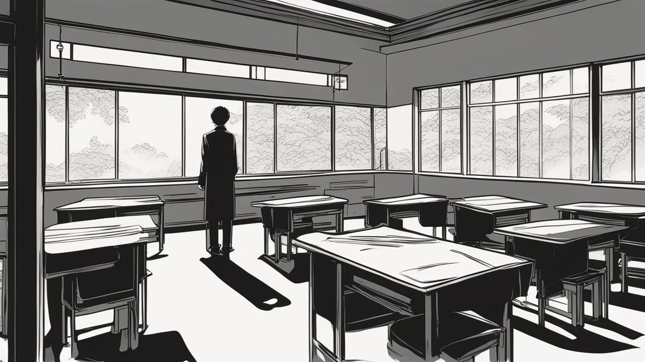 monochromatic japanese classroom with a shadowy figure looking out the window holding a transparent key emanating glow that colors the surroundings, anime