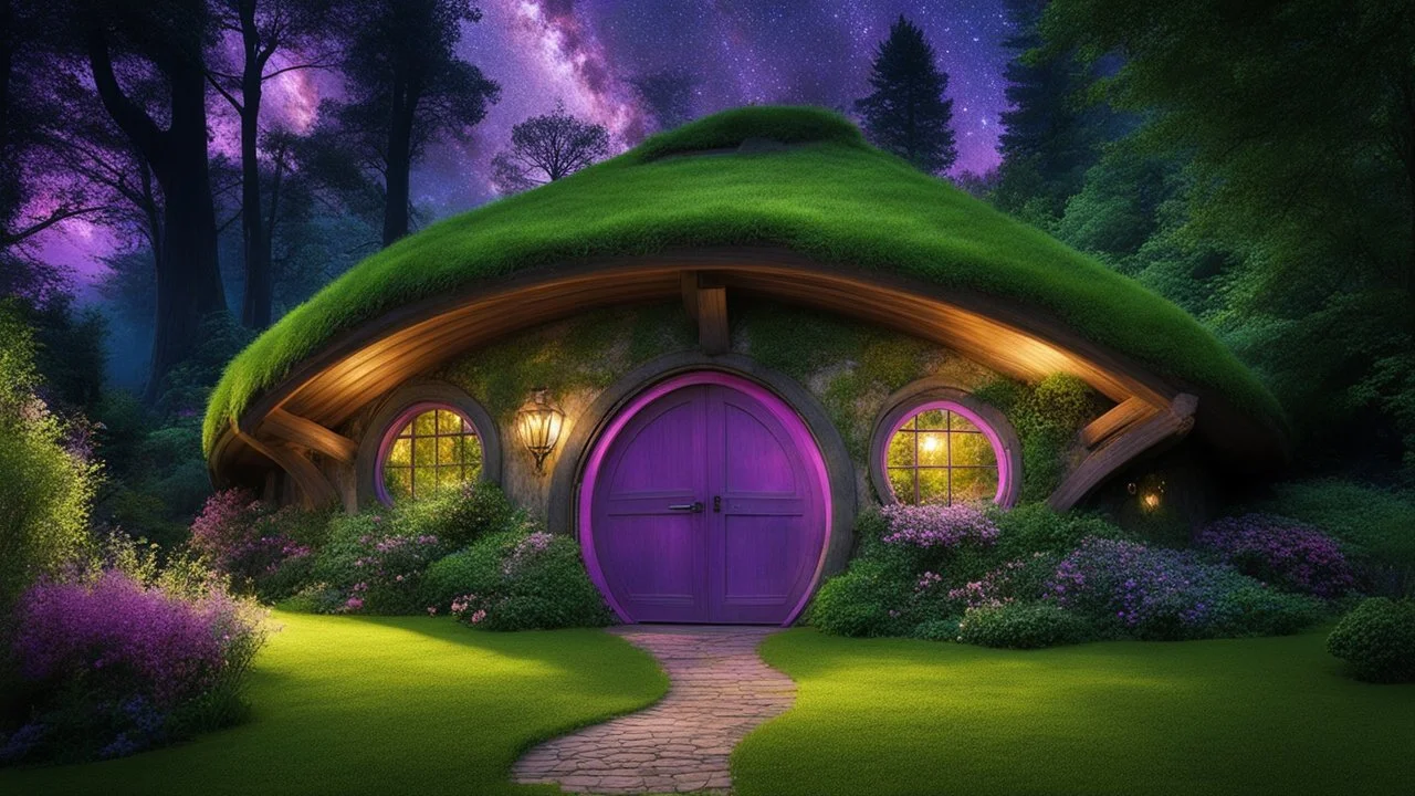 hobbit cottage in the woods surrounded by trees, night, whimsical feel, pinks, blues, purple and green colors, circular hobbit-style door, circular hobbit-style windows, green grass roof, starlight, chiaroscuro, quaint, homely, inviting, LOTR, Tolkien