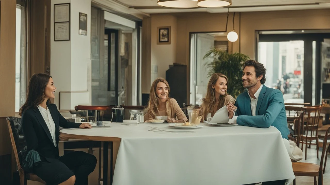 two people in a restaurant and man and his lady at a table