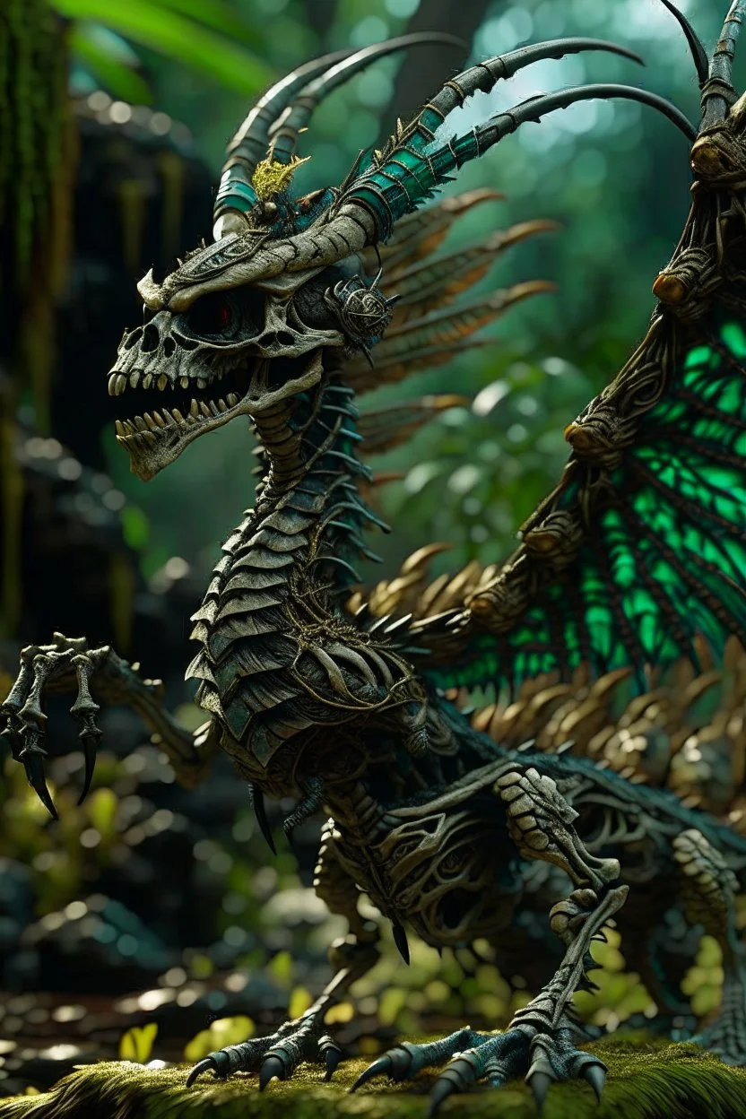 terrifying winged lich skeleton dragon with rattle snake head in deep swampy jungle, in the style of fantasy movies, photorealistic, shot on Hasselblad h6d-400c, zeiss prime lens, bokeh like f/0.8, tilt-shift lens 8k, high detail, smooth render, unreal engine 5, cinema 4d, HDR, dust effect, vivid colors