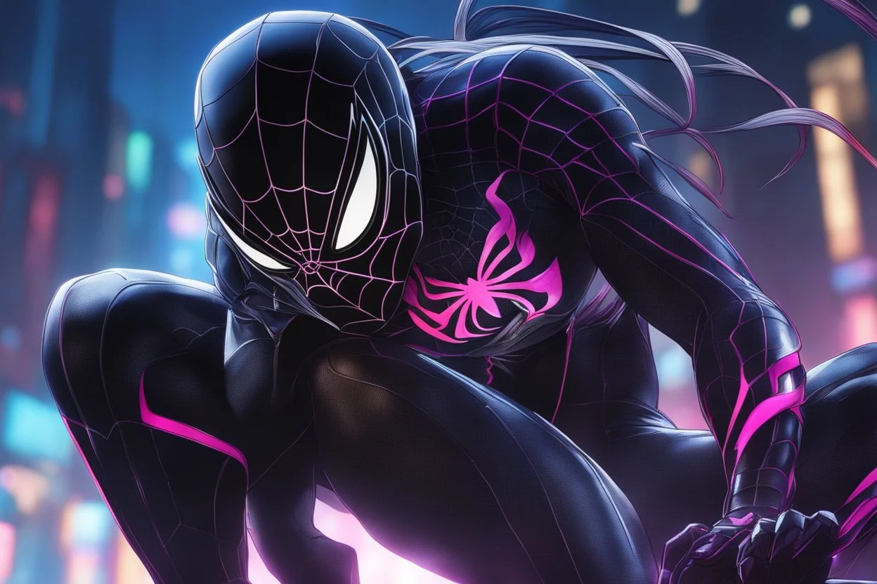 symbiote in 8k solo leveling shadow drawing, spiderGwen model, neon lights, intricate details, highly detailed, high details, detailed portrait, masterpiece,ultra detailed, ultra quality