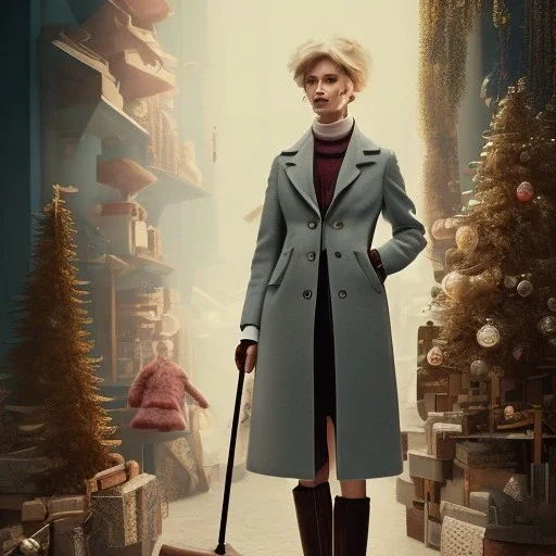 Woman standing with crutch, coat, toy shop background