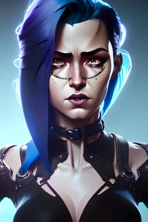 hiper realista, hiper detalhado, retrato de corpo inteiro, no estilo cyberpunk, de uma mulher incrivelmente bonita com implantes biônicos, cabelos azuis, olhos brilhantes, arte de greg rutkowski, artgerm, wlop, rossdraws, boris vallejo