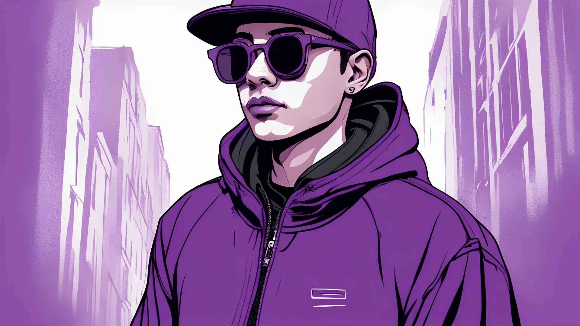 Generate a meticulously composed high-quality portrait that showcases the distinctive fashion sense of a young man in the early 2020s. His attire includes a sleek black jacket, eyeglasses that frame his thoughtful expression, and a vibrant purple hoodie. The intricate detailing of his purple cap adds a touch of individuality, set against a backdrop that's smooth and modern."