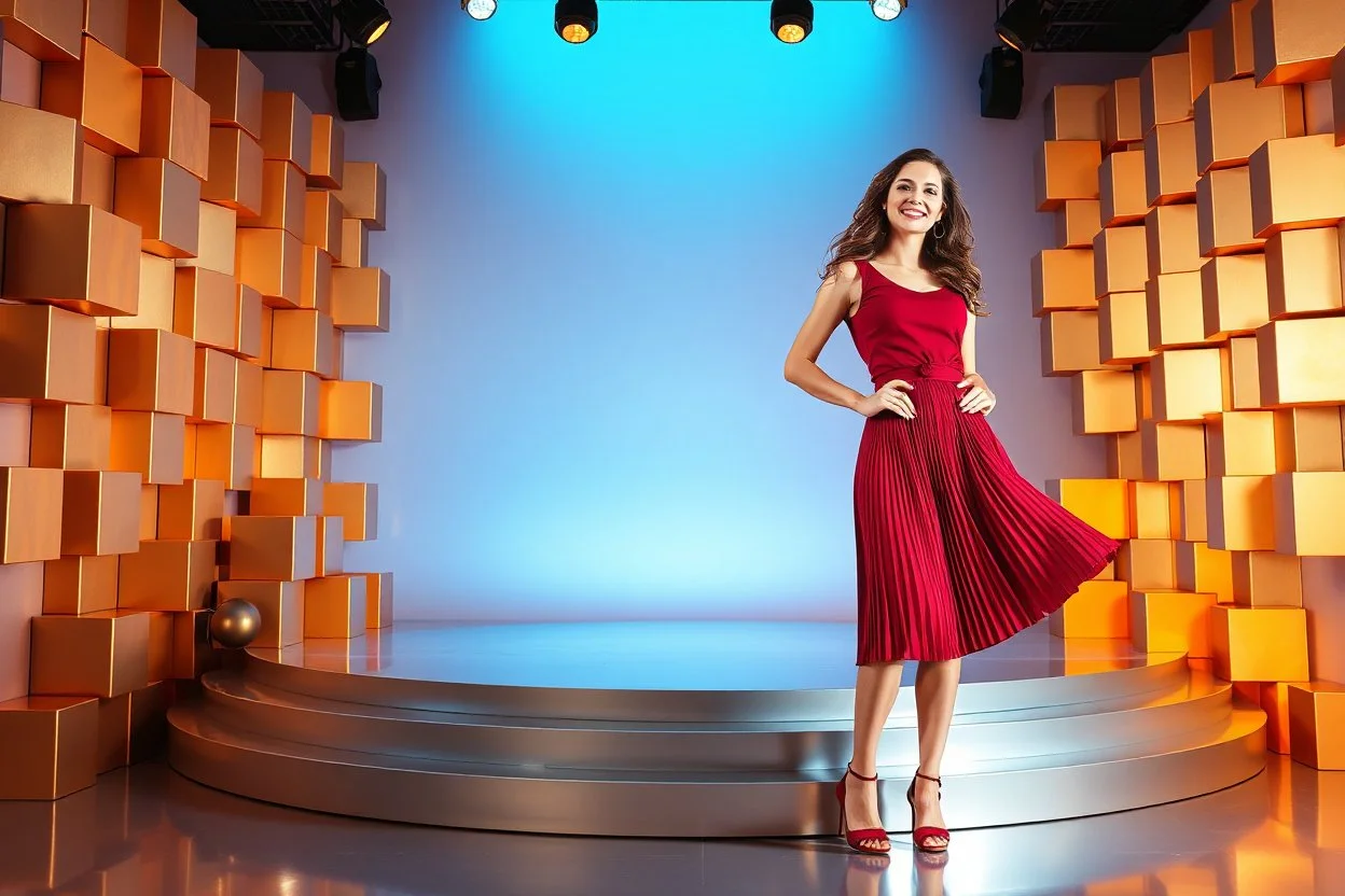 a pretty stage made of metallic color 3d recursive cubic and sphere base structures and a beautiful fashion model lady posing with joy and cute ,with dark red top and pretty pleated midi skirt ,makeup curvy long hair,dynamic camera zoom to full body and pan, dynamic lights.