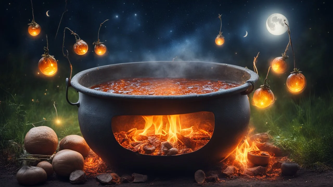 delicious stew bubbling in a cauldron suspended over heat, outside, night, stars, moon, fireflies, award-winning photograph, beautiful composition, exquisite detail and illumination