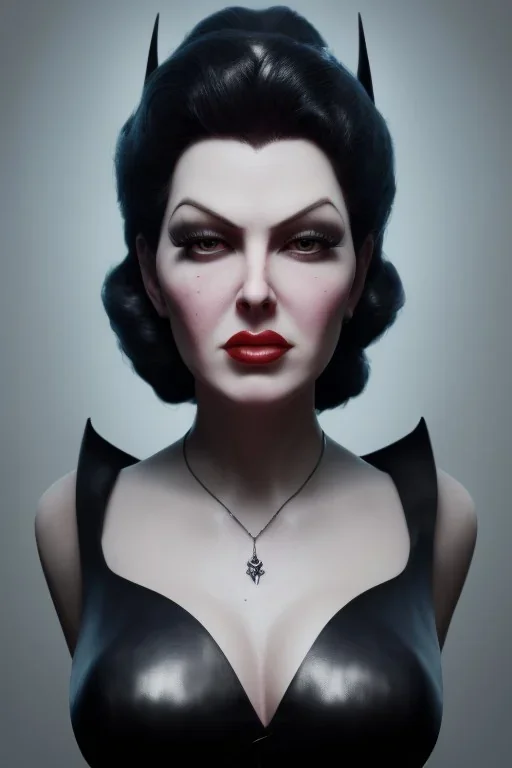 Lana Turner as evil queen in black leather, leather, busty, cleavage, angry, stern look. character design by cory loftis, fenghua zhong, ryohei hase, ismail inceoglu and ruan jia. unreal engine 5, artistic lighting, highly detailed, photorealistic, fantasy