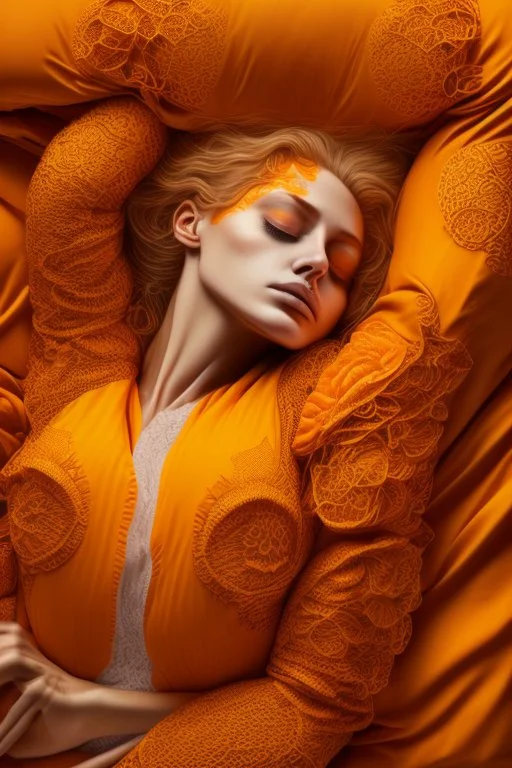 sleeping female, orange and yellow tones, insanely detailed and intricate, hypermaximalist, elegant, ornate, hyper realistic, super detailed, by Pyke Koch