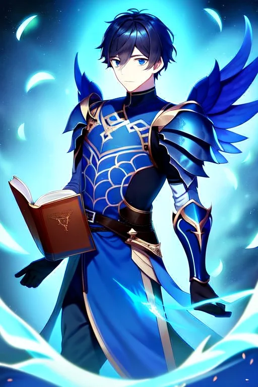 a person in runic armor with blue wings, blue short hair, runic tattoo and spell book, male