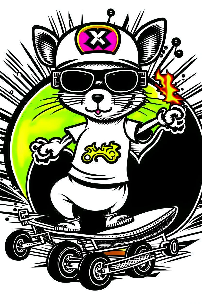 A rat on a skateboard, with glasses and a helmet; the rat laughs; fire coming from behind; cartoon style White ando black colors, with the text "FISCALIA COLOMBIA"