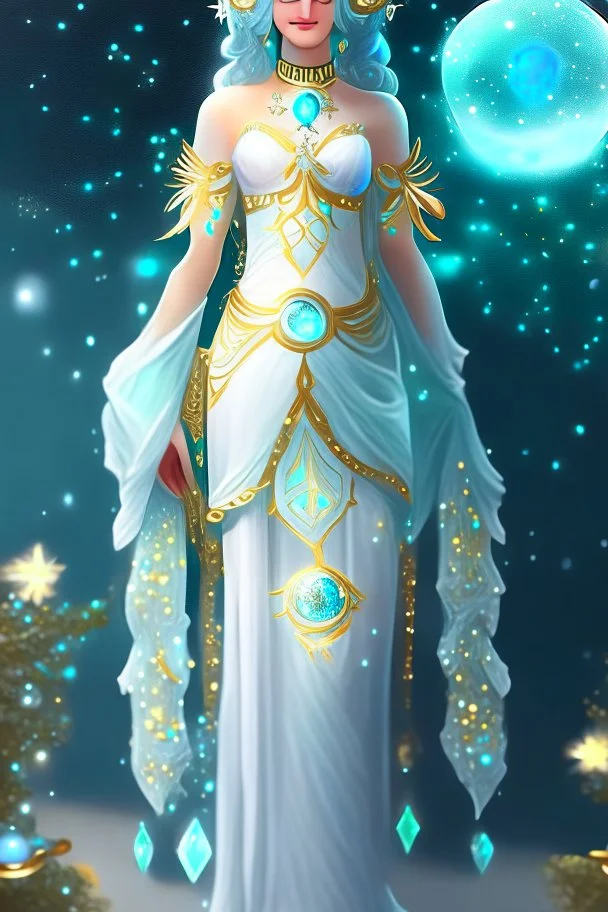 A beautiful girl with glowing starry eyes. And with turquoise hair decorated. And full body. Holds 10 glowing glass beads with a moon inside .girl void. full body Glowing golden eyes and white hair. Standing on a land of water embellished with sapphires and ornate trees. And beautiful buildings. And a sky full of star. realistic