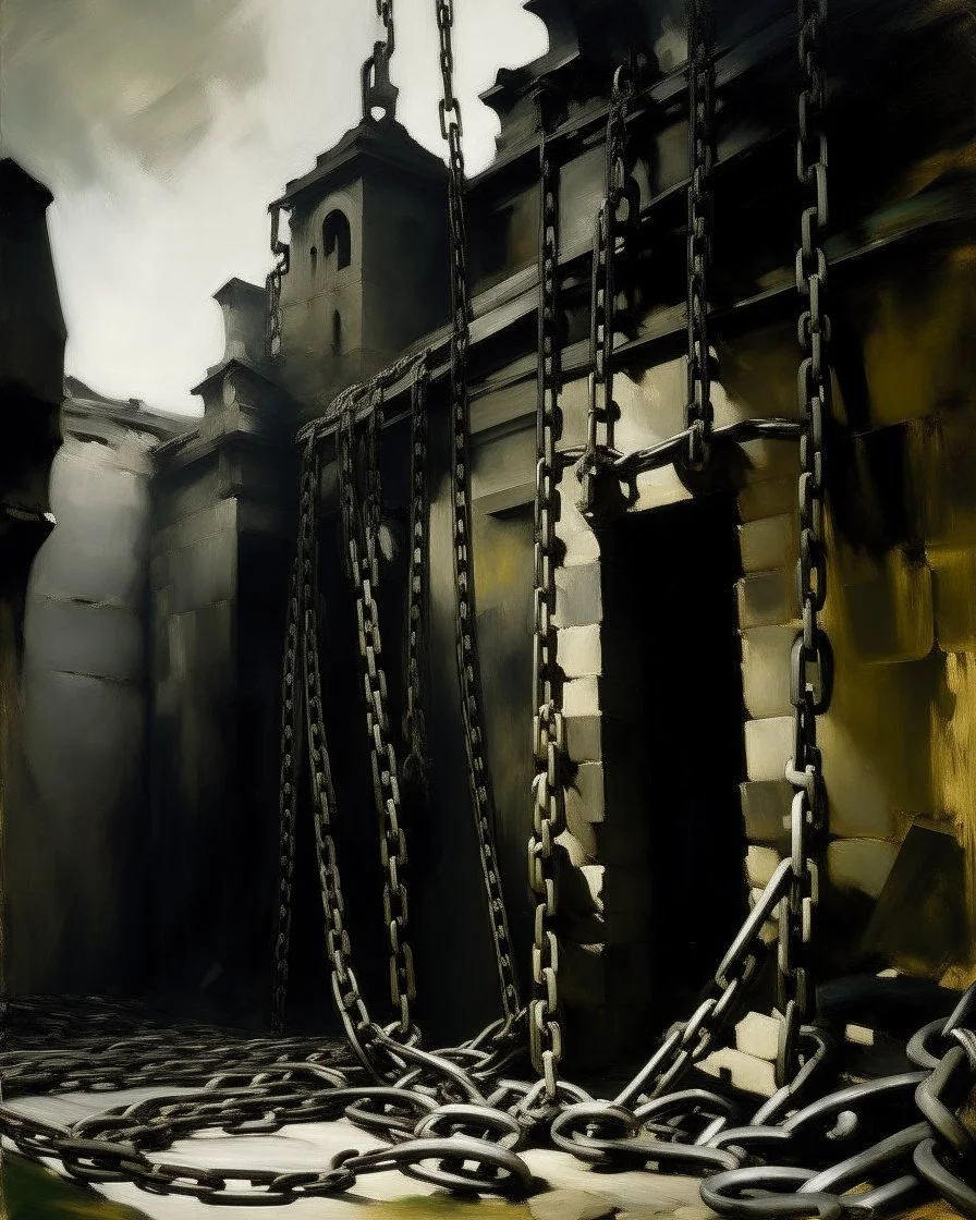 A black fortress with a dungeon filled with chains painted by John Singer Sargent