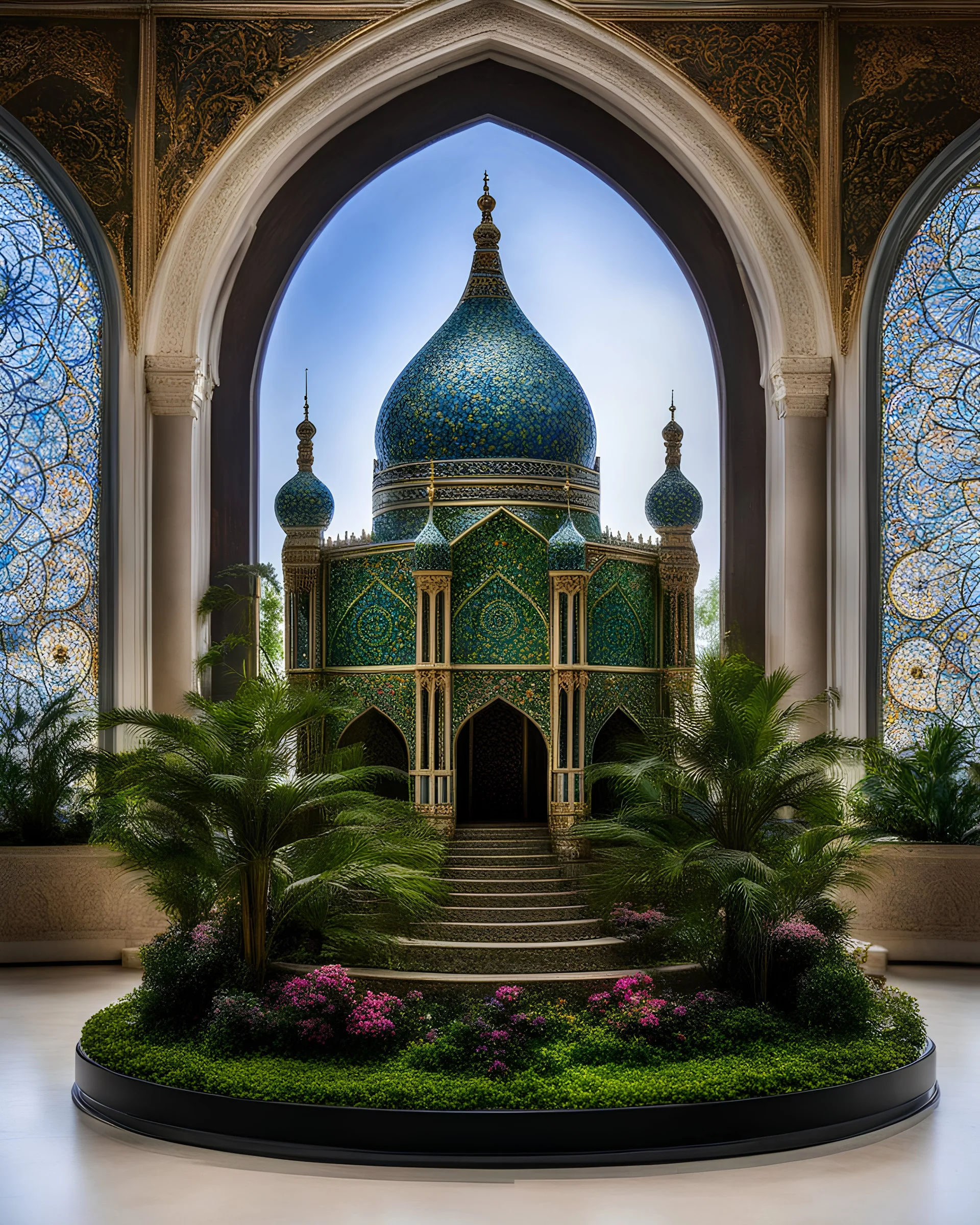 The miniatur islamic mosque in etalase glass is an abstract concept that refers to a world made entirely of flowers or plants, often in a fantasy or mythical setting. The flower planet in this image appears to be a baroque world, with ornate spiral patterns and intricate designs.