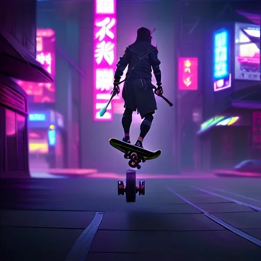 photo of a ninja riding a skateboard; in an alternate universe in tokyo; cyberpunk; realistic; rain; neon signs