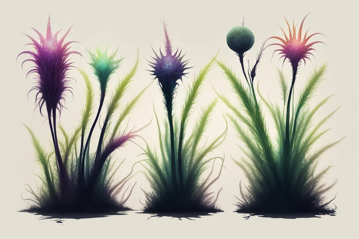 Isolated concept art of 5 alien grass on a neutral background. Strange fictional extraterrestrial flora with unusual shapes, glowing details, thorns, spines, tendrils, roots, and exotic flowers. Each plant designed with unique silhouette and fantasy colors, digital painting style, detailed textures, science fiction botanical illustration, no background, no landscape.