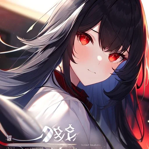 Clear focus,High resolution, black long fluffy hair, long fluffy bangs, red eyes, wearing a lab outfit, extreme close up, evil smile, front hair cover eyes