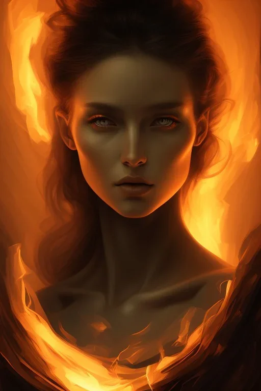 Dark moody night atmosphere, Fire theme art, Portrait of a woman by Michelangelo, 8K, close-up face, anatomically perfect face,