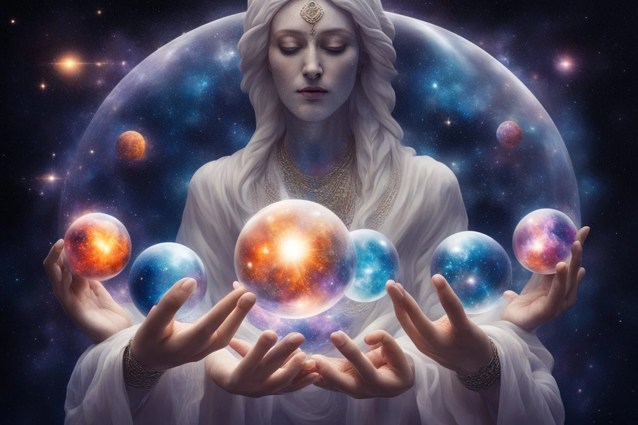 kundalini, connected to the universe, few colours of galaxy, holding galaxies in few hands in glass balls