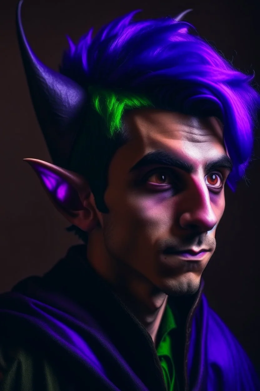 A portrait of a young elf, a wizard, spike ears, purple hair, Caravaggio style