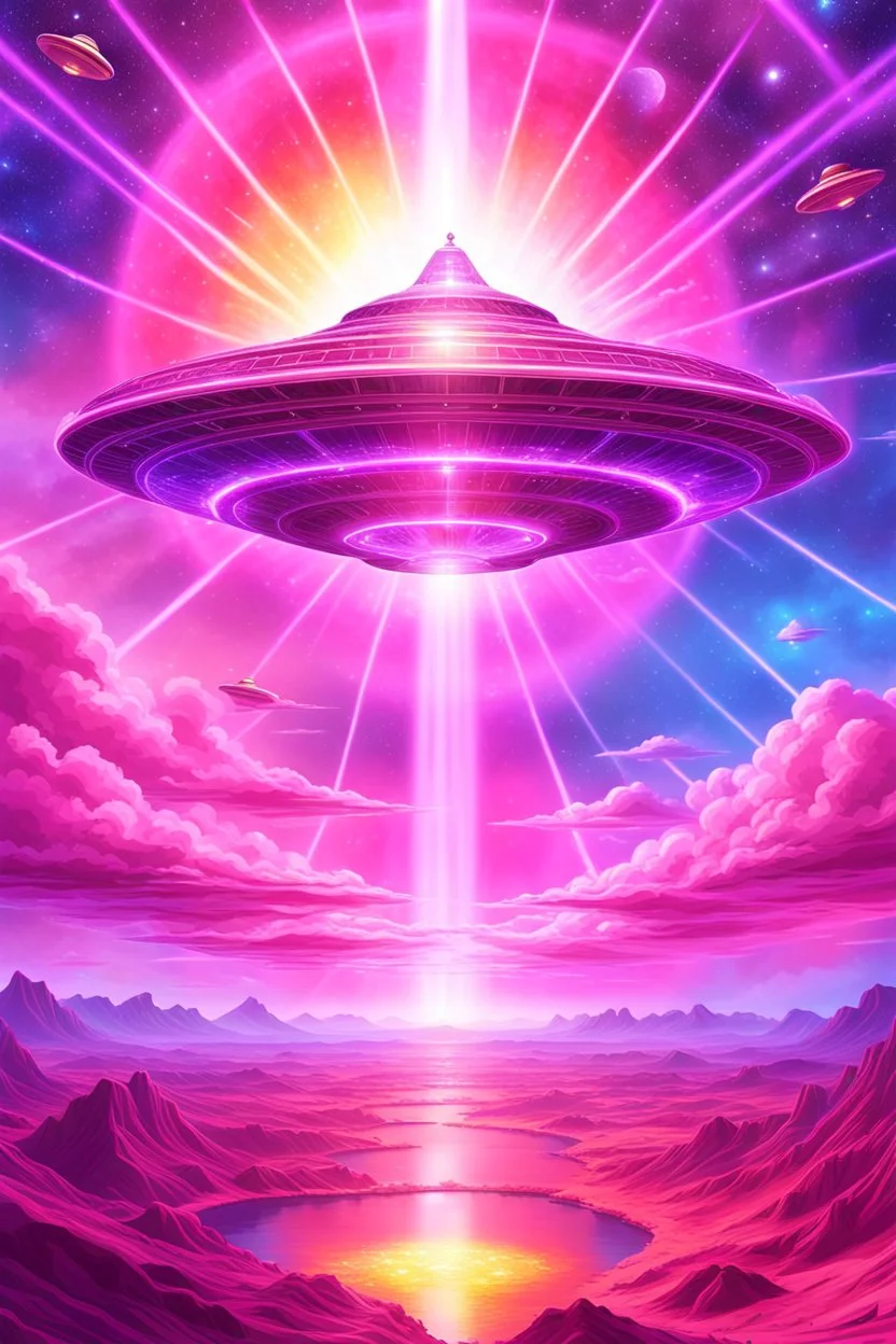 vaisseau interdimensionnel de couleur rose, grands rayonnements, dans un cosmos rose et jeu très étoilé d'or, 8K,ufo rainbow